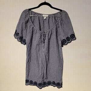 Boho Prairie 2000s Fashion Bug Embroidered Cotton Blouse Large Navy Gingham Boat